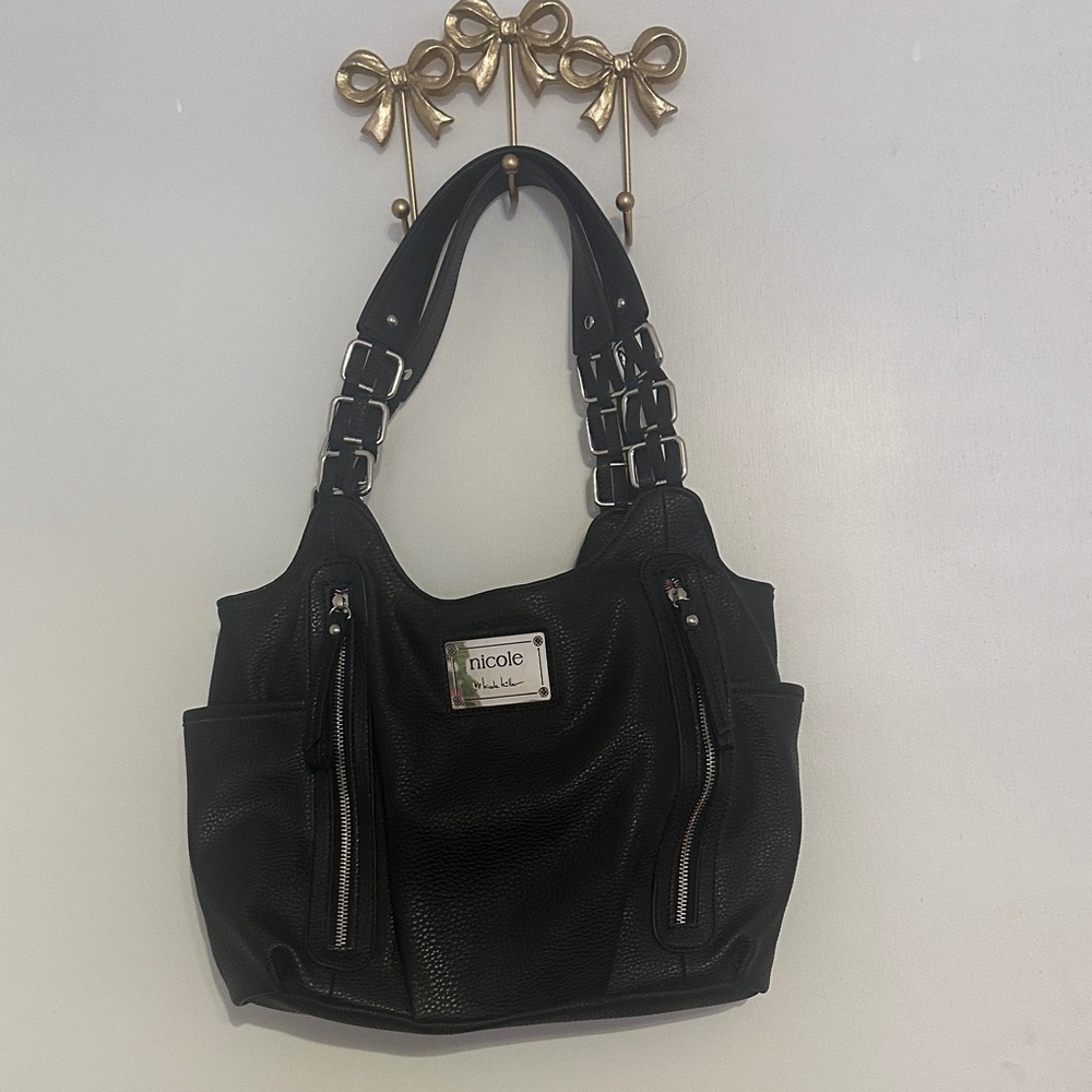 Nicole Miller Black Shoulder Bag with Silver Accents